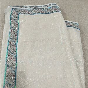 Off White Sequin Embellished Saree with Blue Trim and ready made blouse (S)